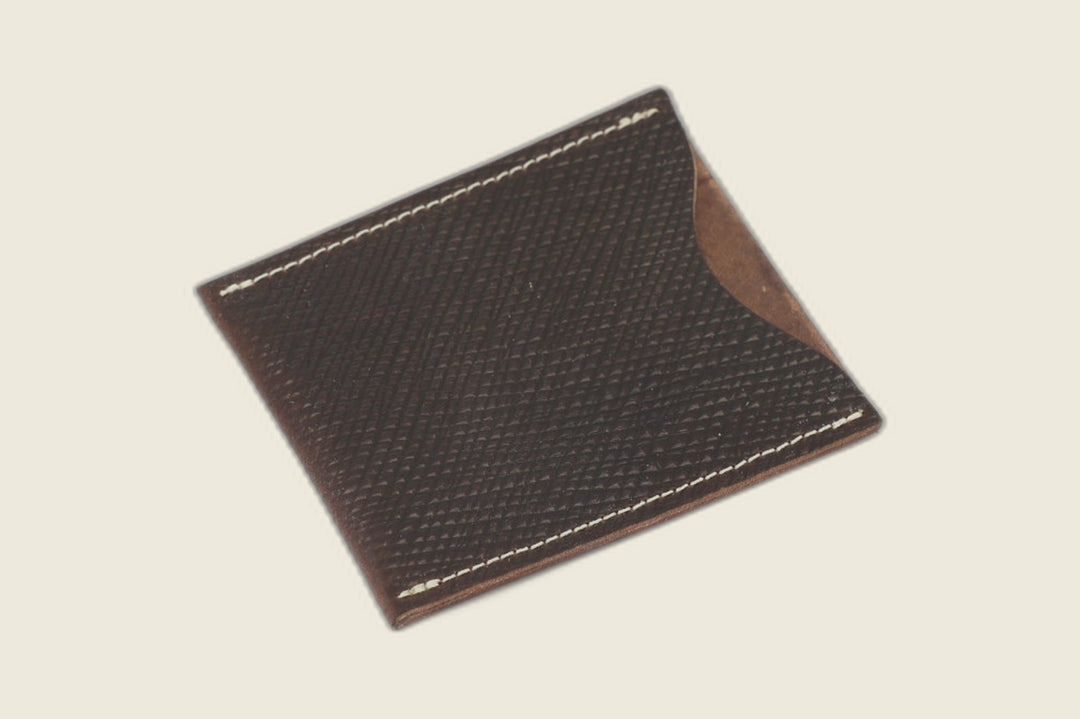 Safeguard card sleeve front in dark brown Russian grain shell cordovan with cream stitching and curved thumb scoop