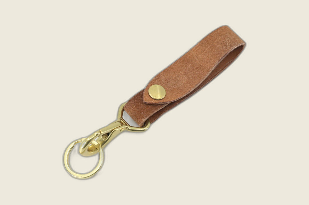Lanyard in natural split suede Horween workshoe butt with brass snap, swivel clasp and key ring