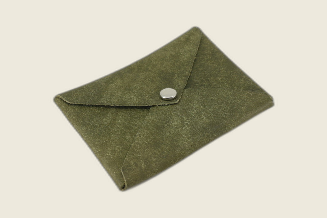 Aegis envelope wallet in olive marbled Pueblo steerhide, napped matte finish with a nickel snap flap