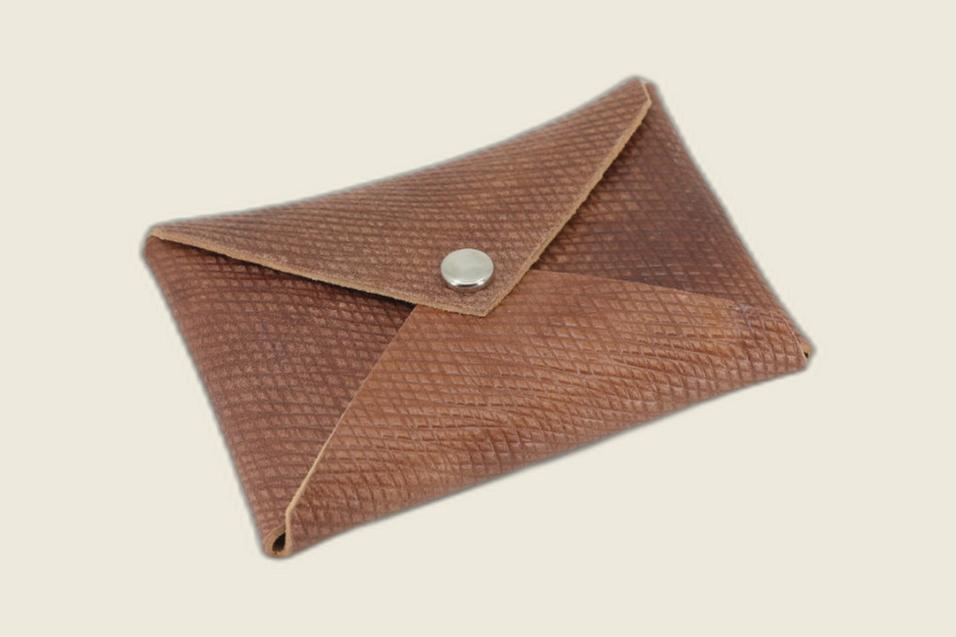 Aegis envelope wallet in light brown Russian grain shell cordovan, cross-hatched flap with nickel snap